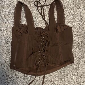 Elegant Brown Lace-Up Crop Top w/side zip